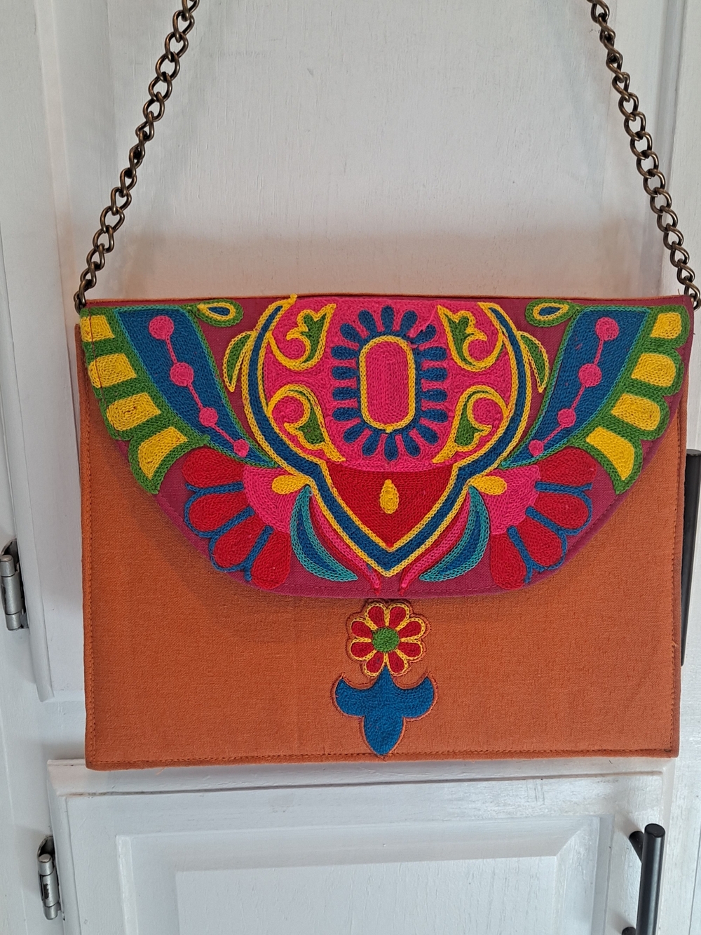 Artisan Vintage Orange Cotton Canvas Shoulder Bag Multicolor Embroidered Flap